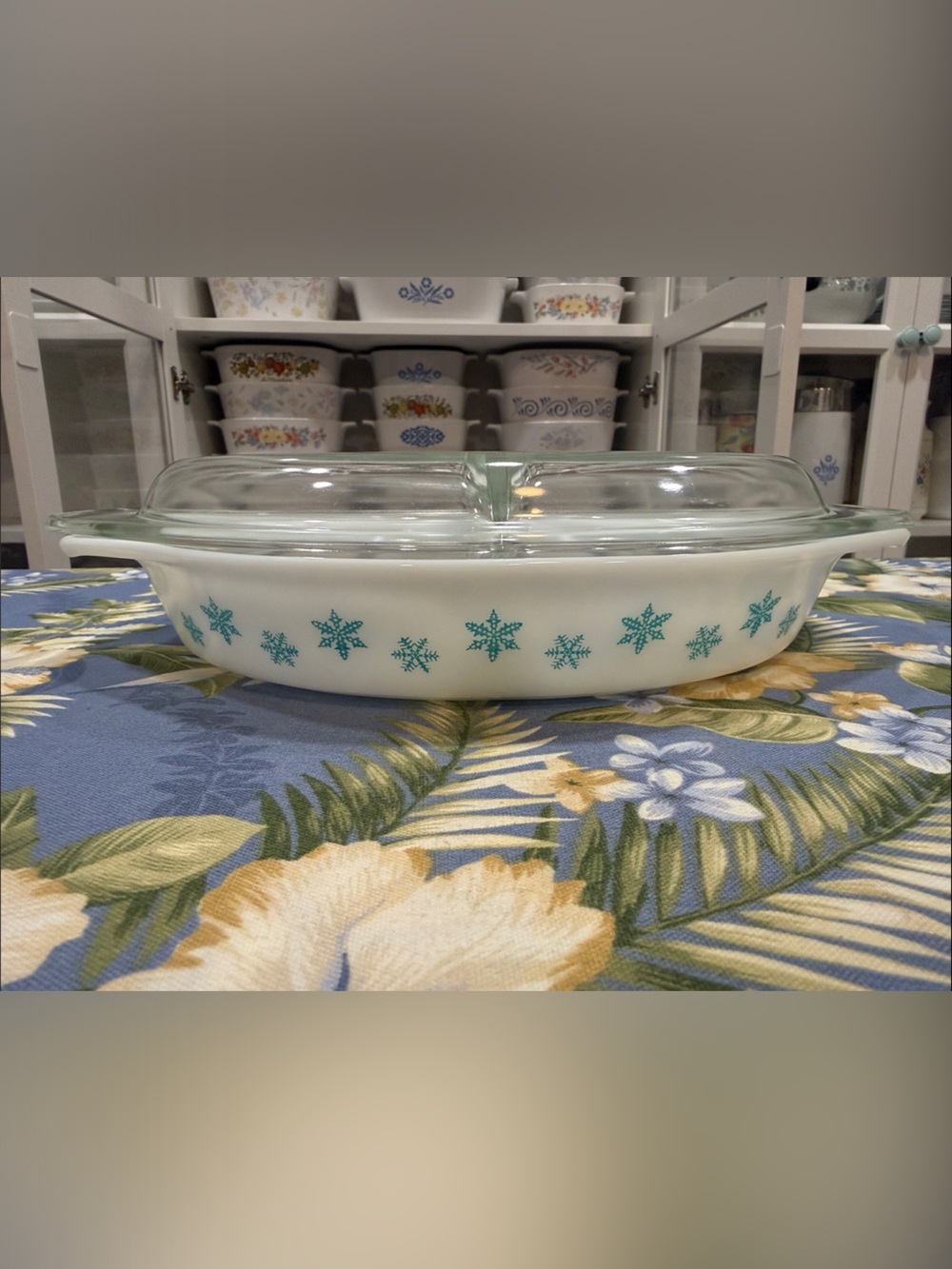 Pyrex White Milk Glass Snowflake Divided Casserole Dish with Clear Glass Lid